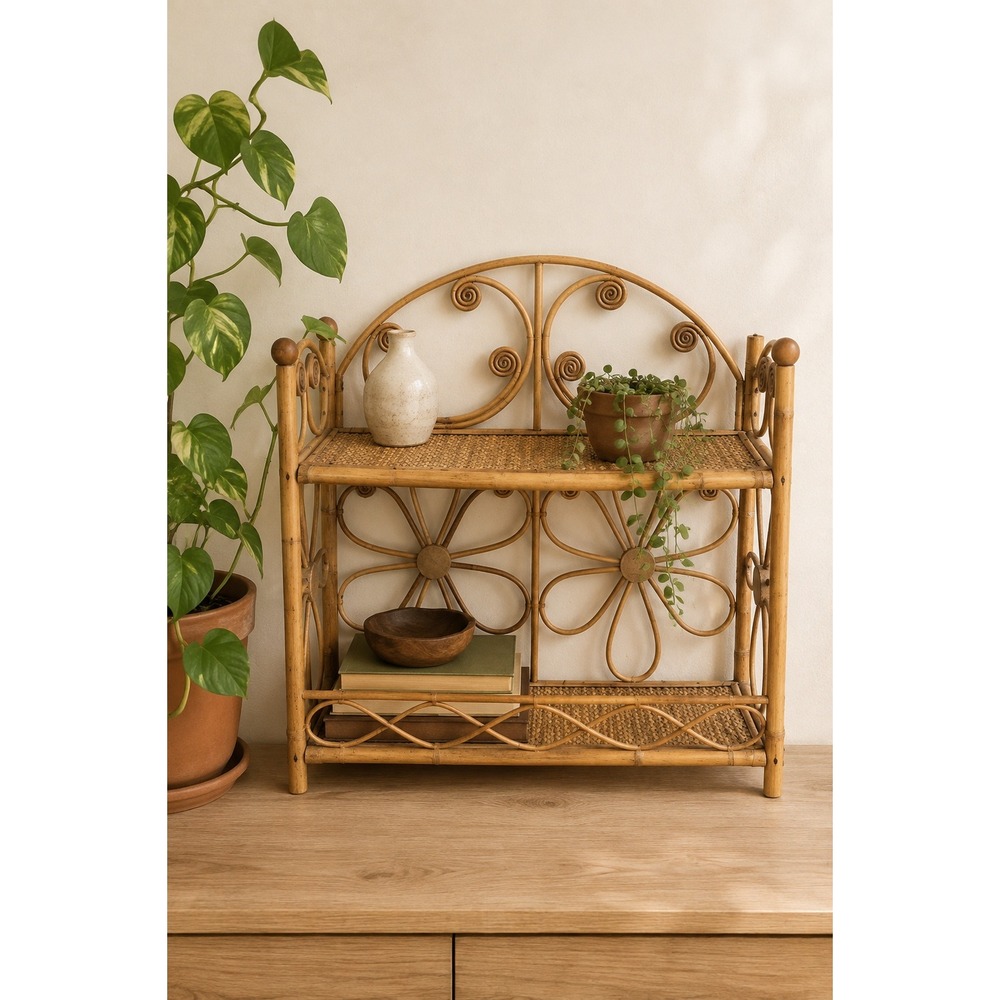 Vintage 70s Rattan Wicker Wall Shelf Boho Floral Scroll Two Tier MCM Decor Cabin